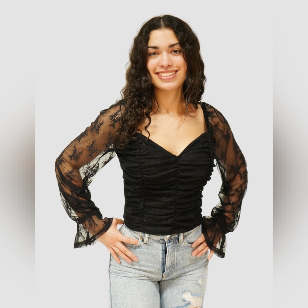 black crop top long sleeve ruched mesh